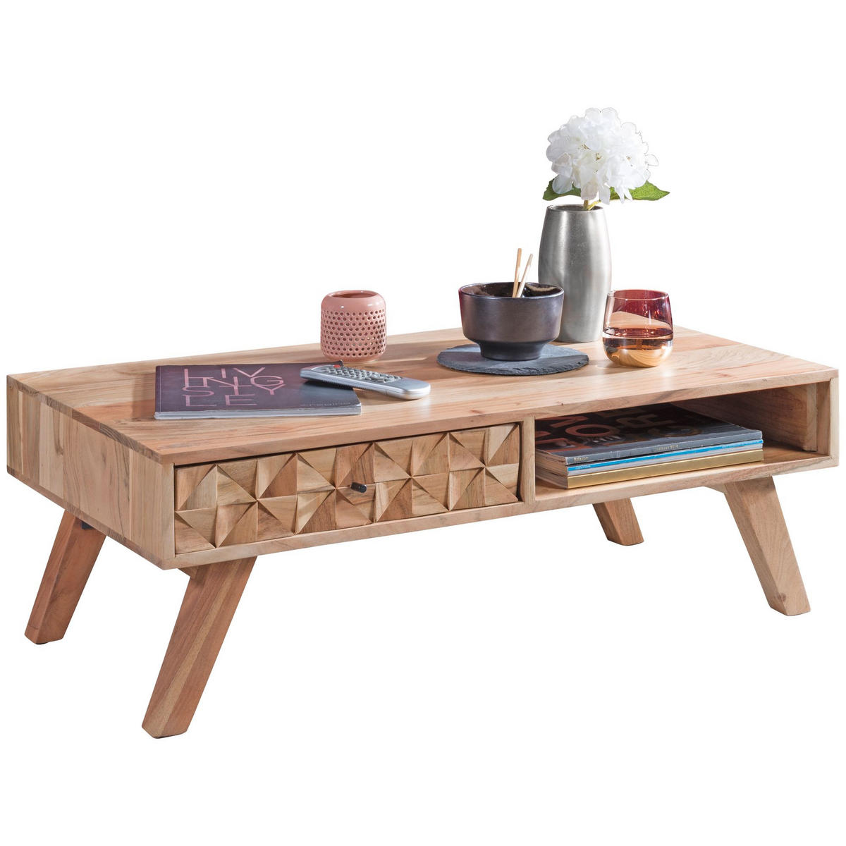 COUCHTISCH Landhausstil Massivholz mit Schublade und Ablagefach, Maße 95x35x50 cm - Beige, Akazienholz/Holz (50/95/35cm) - KADIMA DESIGN