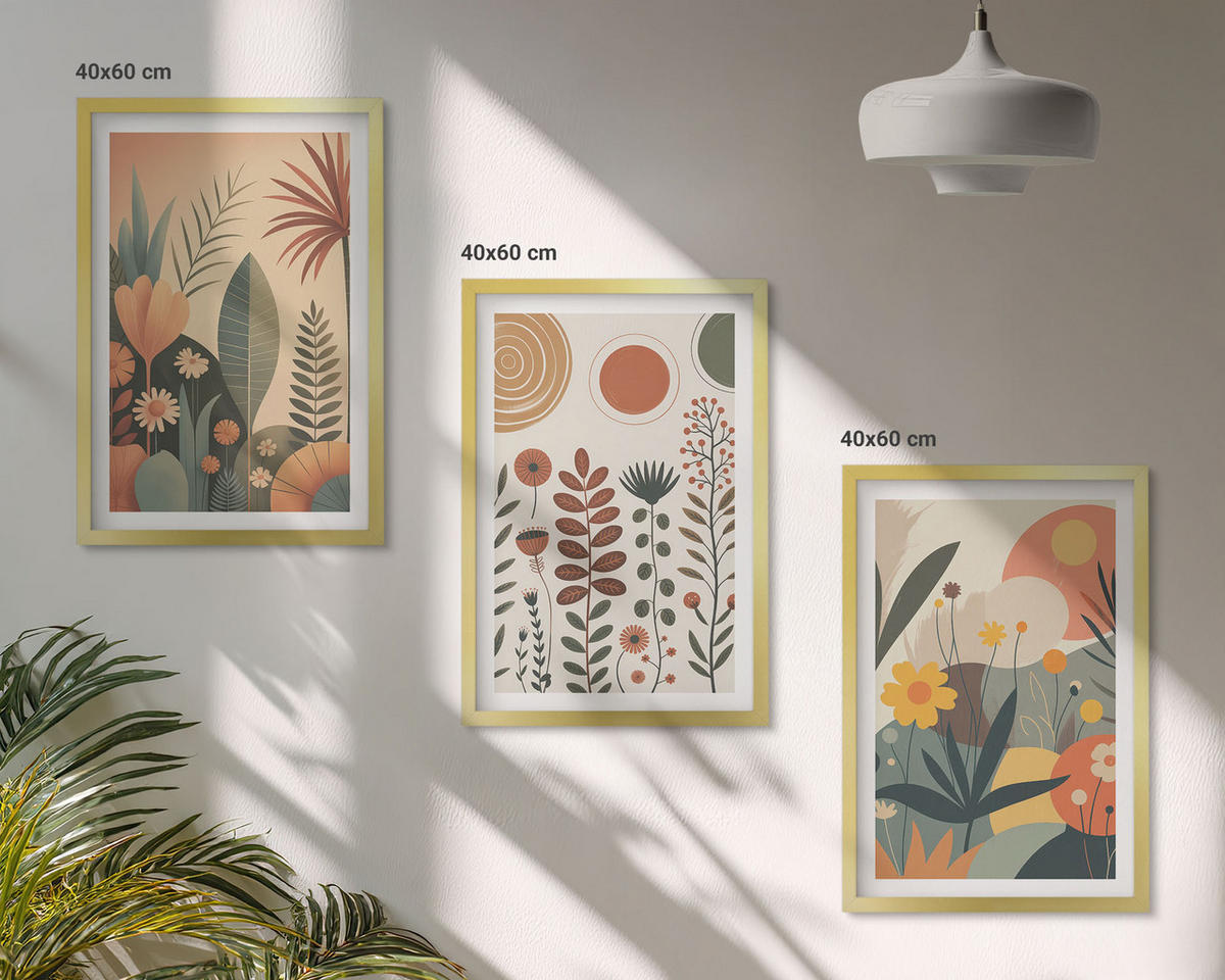 BILDER SET 3er Set - 40x60 cm Goldrahmen - Boho-Pflanzenmuster Natur - Goldfarben, Kunststoff (40/60cm) - TULUP