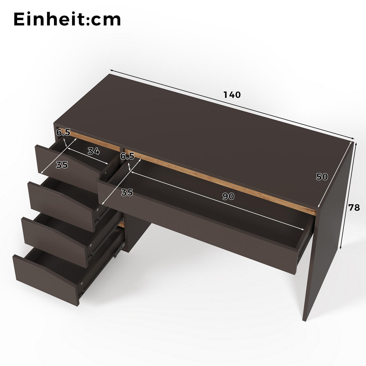 SCHREIBTISCH 140x50cm 5 Schubladen Grau Eiche - Grau, Holzwerkstoff (50/140/78cm) - FLIEKS