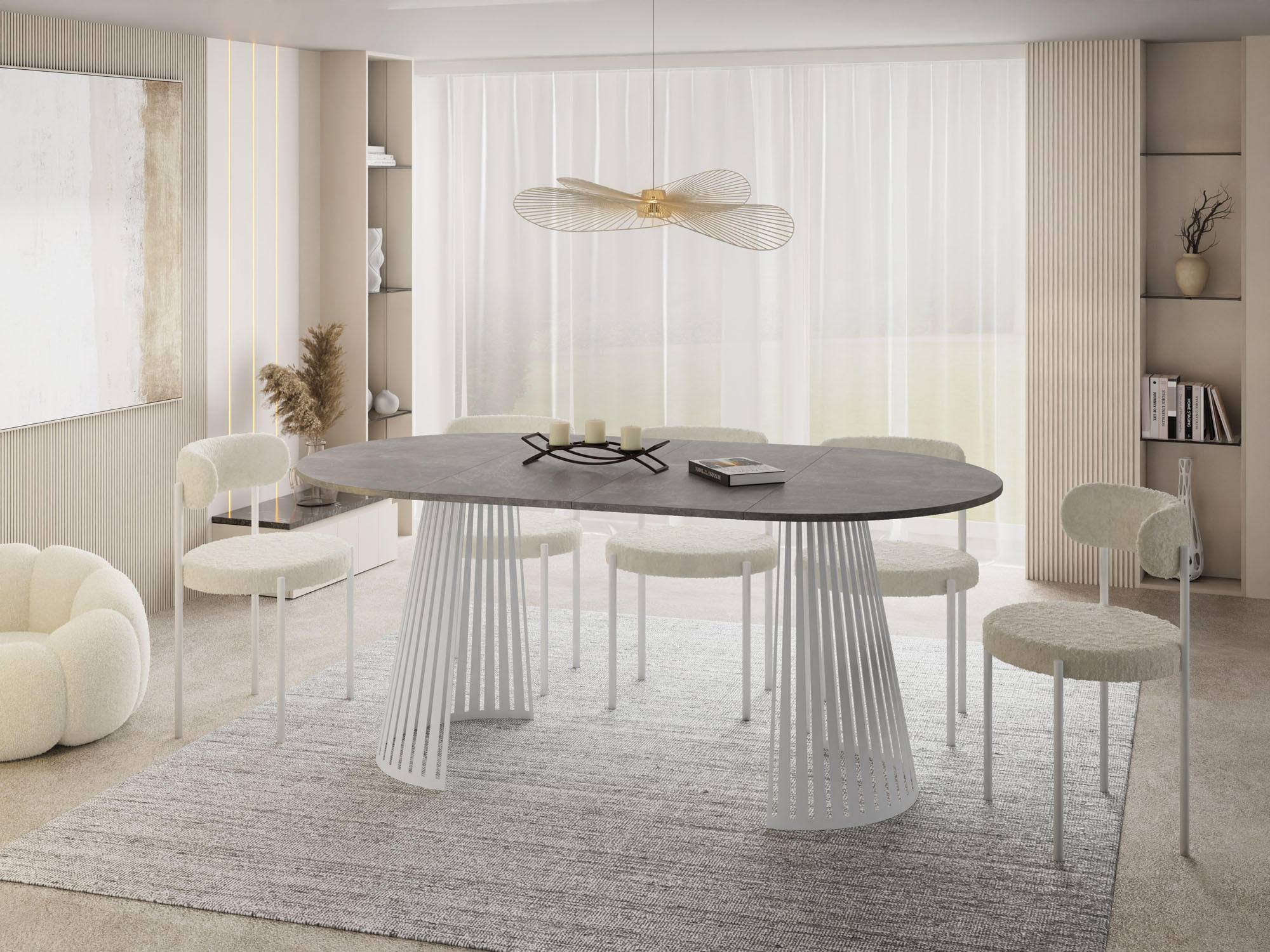 ESSTISCH Naro rund ausziehbar mit Weißem Lamellen-Metallgestell, Grauer Beton 120-200/120/76 cm - Hellgrau/Weiß, Holzwerkstoff/Metall (120/120/76cm) - WFL GROUP