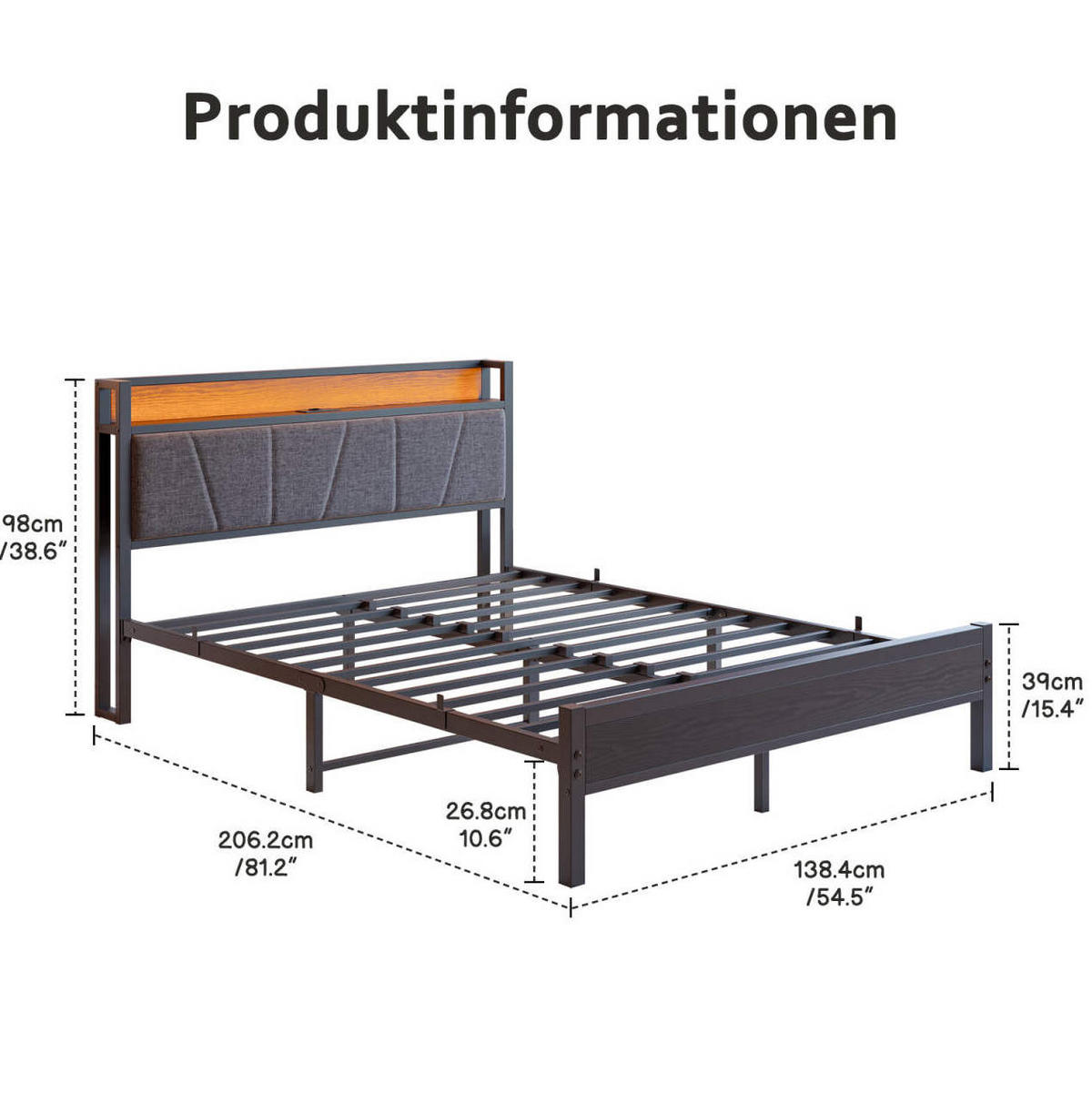 POLSTERBETT 140/200 cm mit LED-Beleuchtung, USB-Anschlüssen, Steckdose und Stauraum-Kopfteil, Schwarz - Schwarz, Holzwerkstoff (140/200cm) - Redom