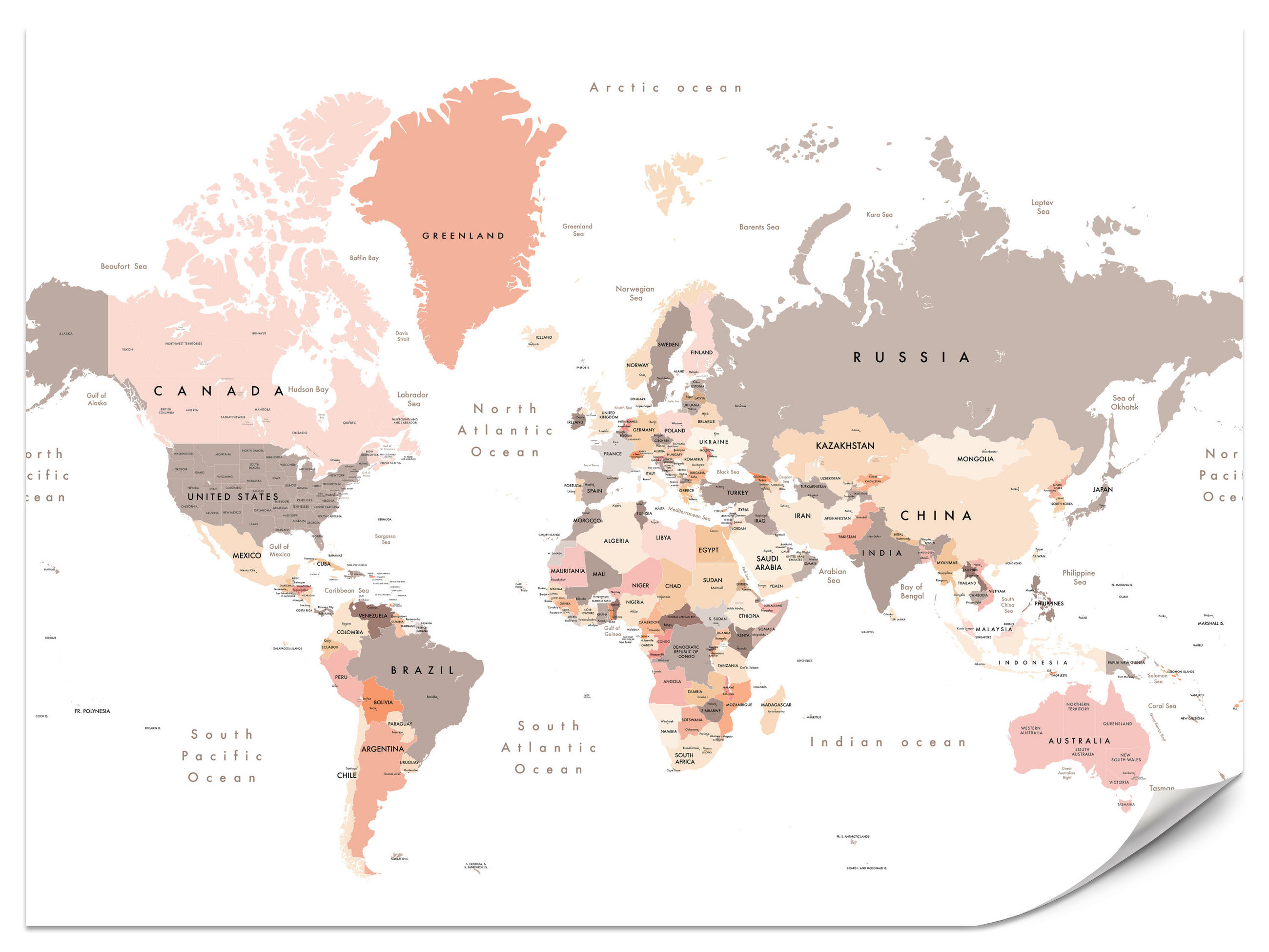 FOTOTAPETE für Büro Pastell Weltkarte Kontinente Ozean Länder 450x315 - Beige/Schwarz, Papier (450/315cm) - Muralo