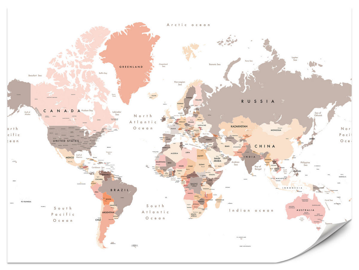 FOTOTAPETE für Büro Pastell Weltkarte Kontinente Ozean Länder 450x315 - Beige/Schwarz, Papier (450/315cm) - Muralo