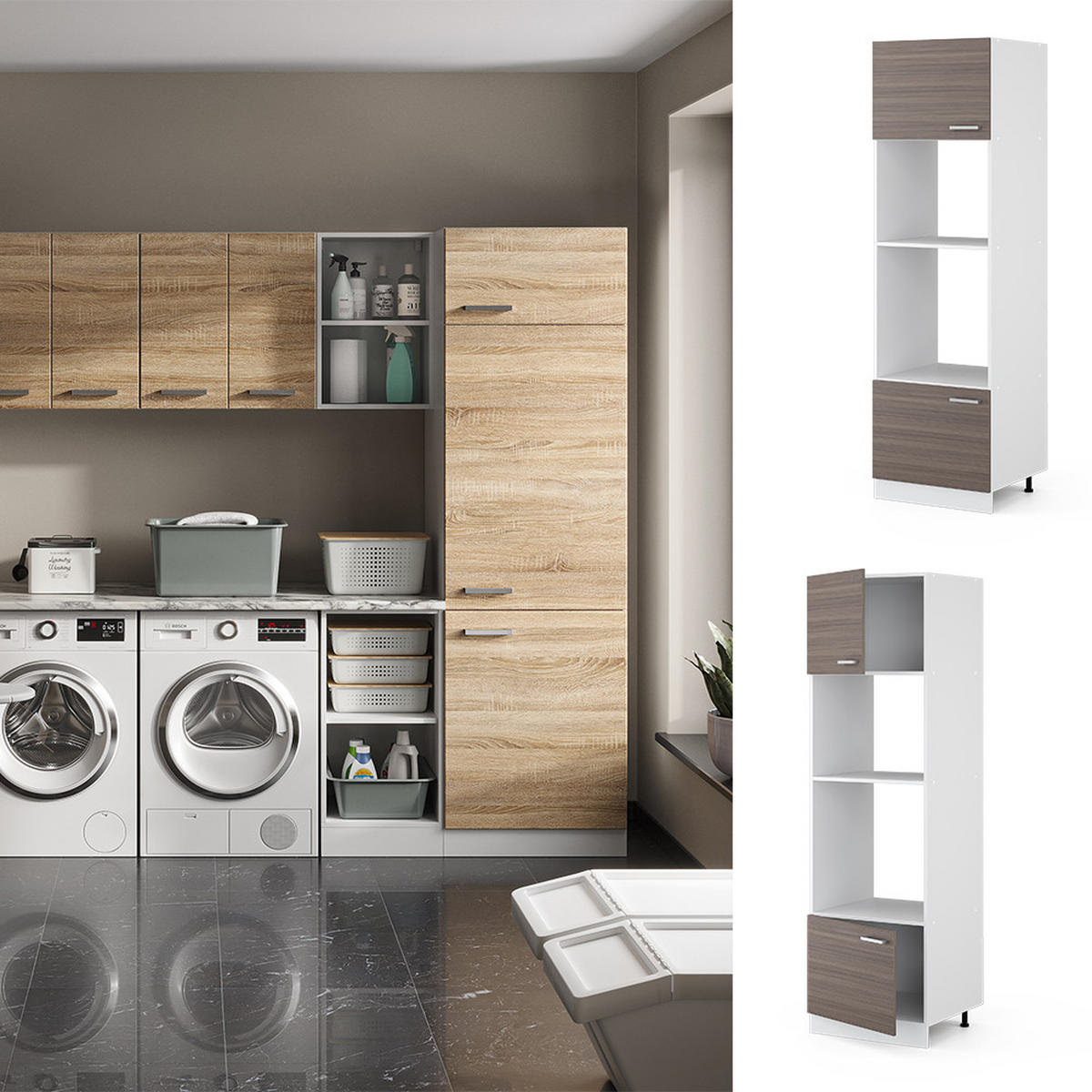 HOCHSCHRANK R-Line Grau 60 cm mit offenen Regalen, und Türen - Weiß/Grau, Holzwerkstoff (60/207/57.2cm) - Vicco