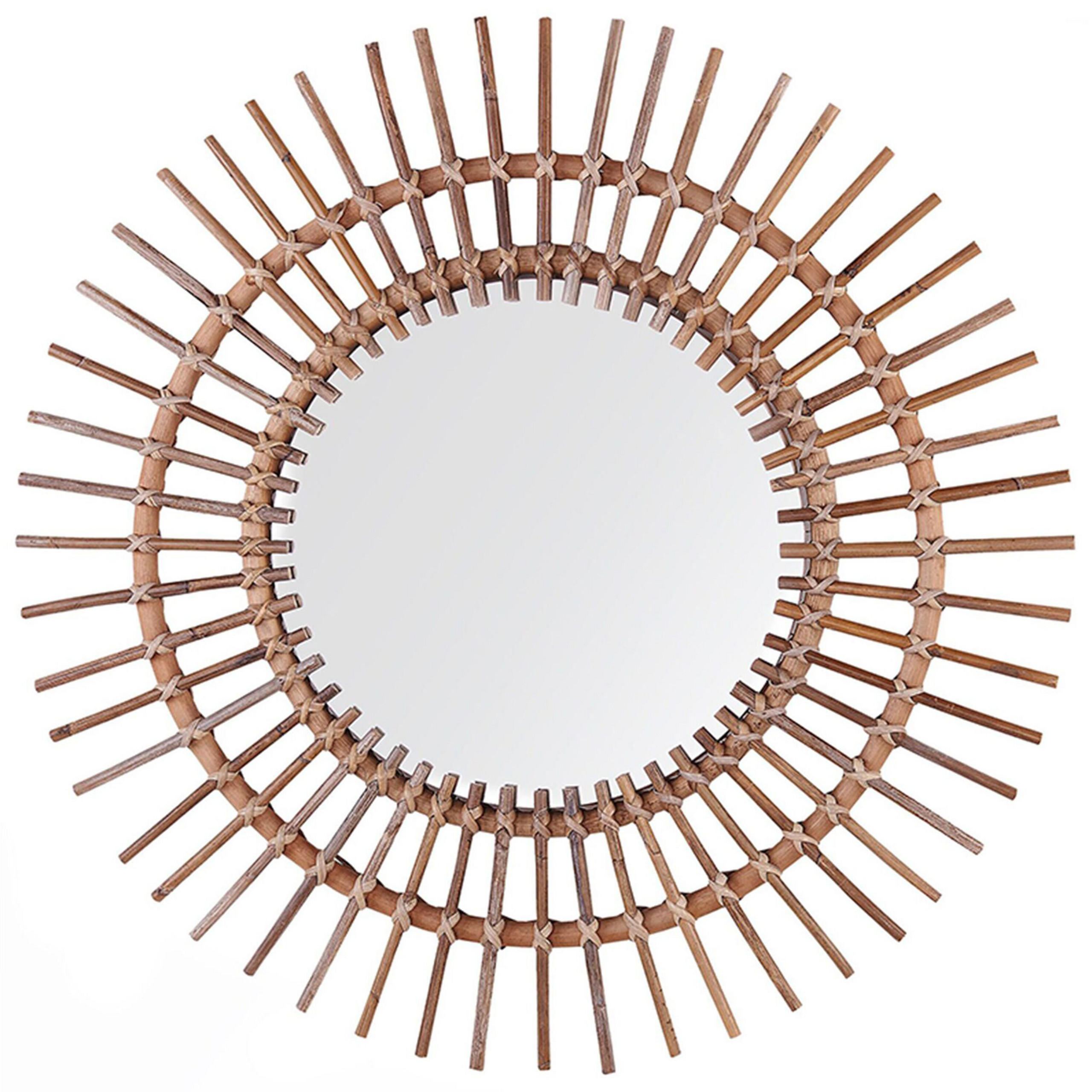WANDSPIEGEL sandbeige Rattan Sonnenform 76 cm Stenen - Braun, Naturmaterialen (76/76/3cm) - Beliani