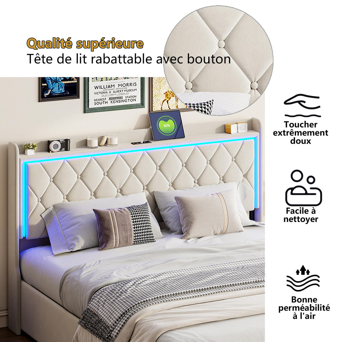 POLSTERBETT 140x200 cm mit LED & USB, Holzbett, Stauraumbett, Samt, Beige - Beige, Textil/Metall (140/200cm)