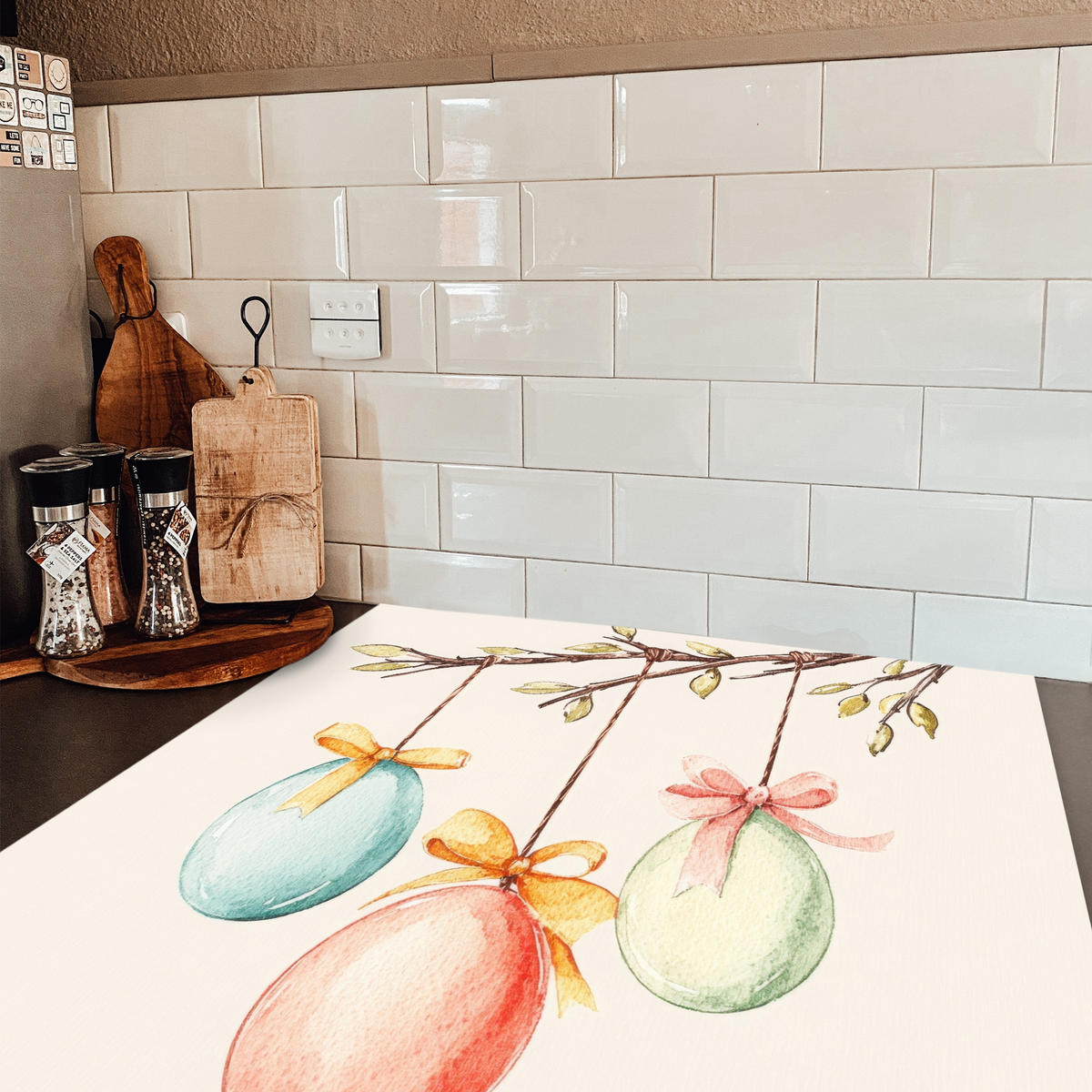 HERDABDECKPLATTE Osterkuchen - Schleife - Eier Induktionsmatte 78x78 cm - Creme, Kunststoff (78/78/0.2cm) - MuchoWow