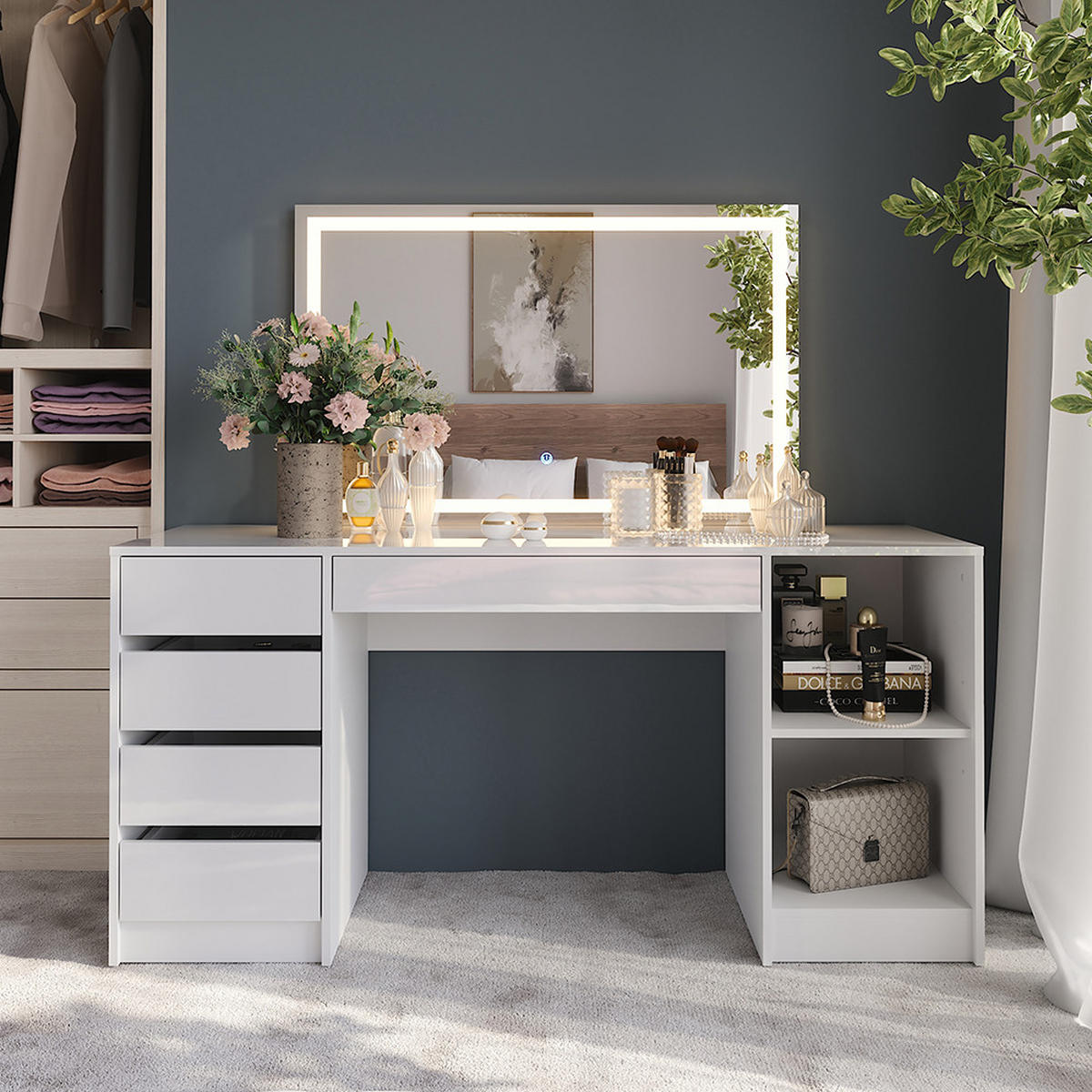 SCHMINKTISCH Sherry Weiß/Weiß Hochglanz 158.2 cm mit LED-Spiegel - Weiß Hochglanz, Holzwerkstoff (158.2/76/50.1cm) - Vicco