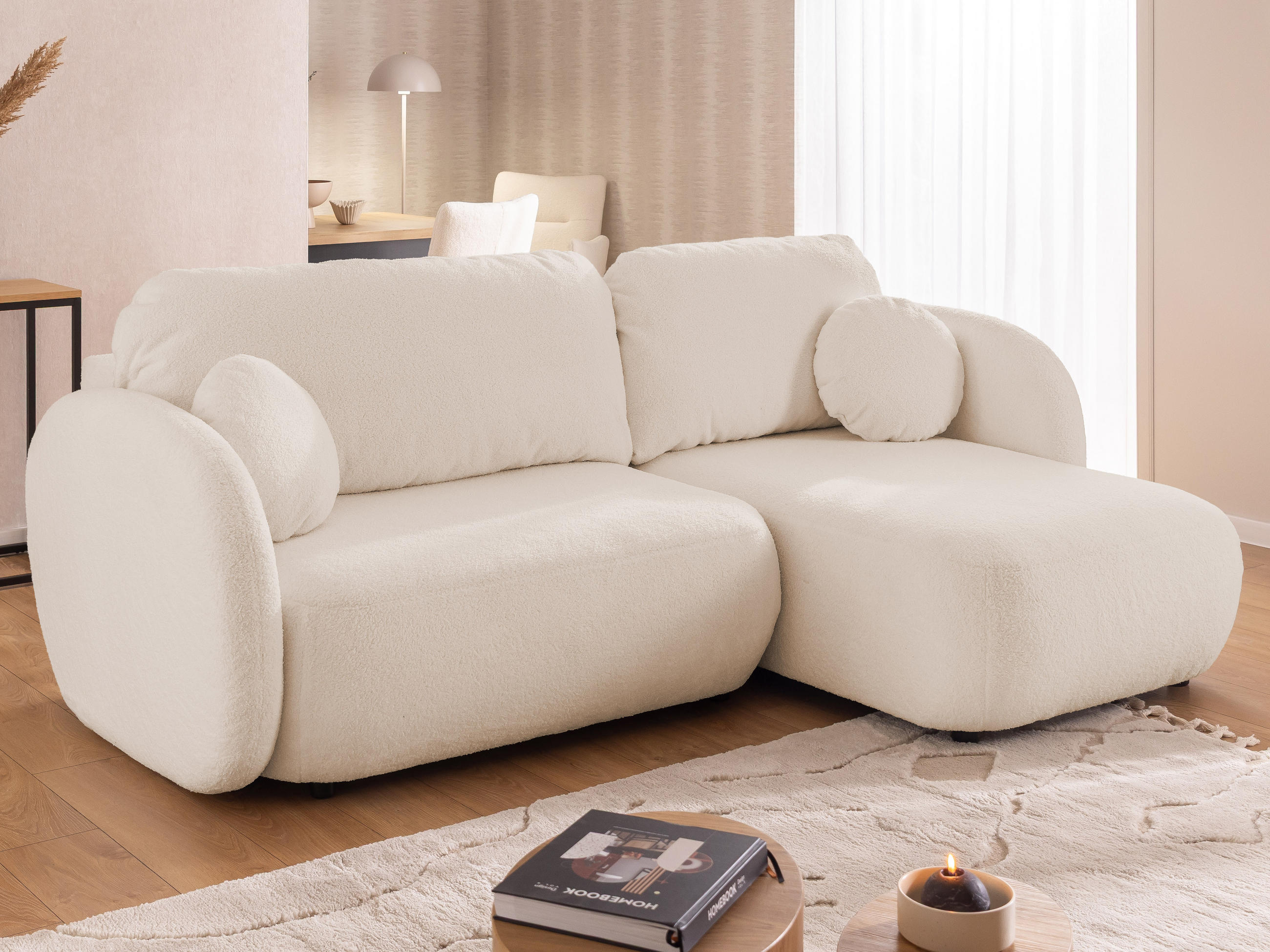 ECKSOFA Candy mit Schlaffunktion Hellbeige Bouclé-Stoff - Ottomane rechts - Beige/Schwarz, Holz/Kunststoff (146/230cm) - S-Style Möbel