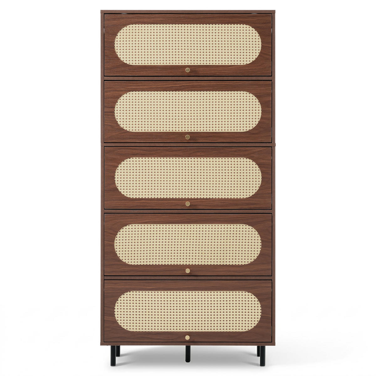 SIDEBOARD aus Holz 80x40x163 cm Nussbaum mit 5 Klappen, Rattan-Front und Metallbeinen - Walnussfarben, Holzwerkstoff (80/163/40cm) - Modfu