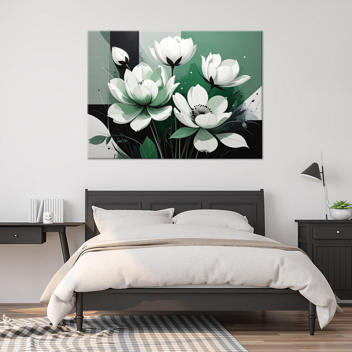 BILD auf Leinwand, Weiße Blüten in einer modernen grünen Komposition - Grün, Textil (100/70cm) - Feeby