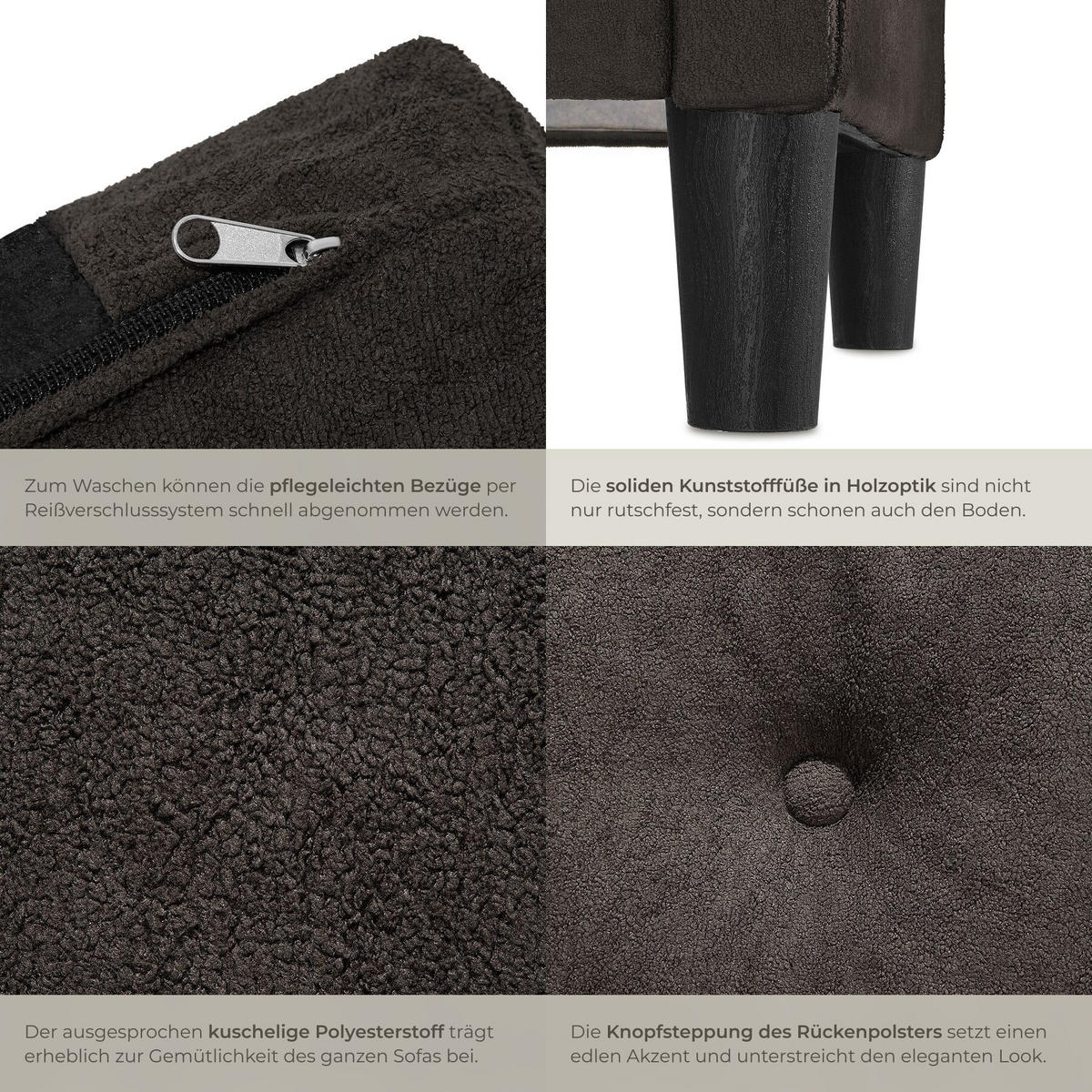 SOFA Viborg, 121,5 x 77 x 91 cm, grau - Braun/Grau, Kunststoff/Textil (121.5/91/77cm) - tectake