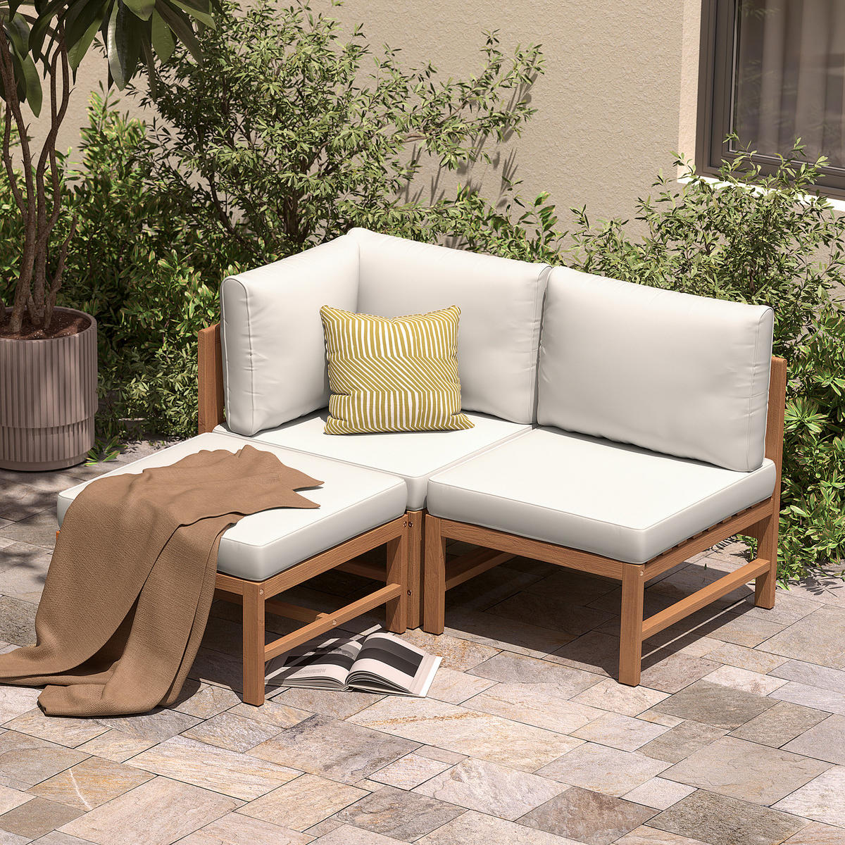 LOUNGESESSEL OHNE ARMLEHNEN - Akazie massiv / Polyester - Braun / Beige - Beige/Braun, Holz/Textil (60/76/66cm) - home24