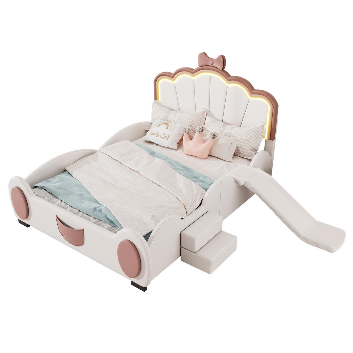 KINDERBETT 140x200cm Rosa + Weiß Cartoon Schmetterlingsbett LED Rutsche - Multicolor, Holz (140/200cm) - FLIEKS