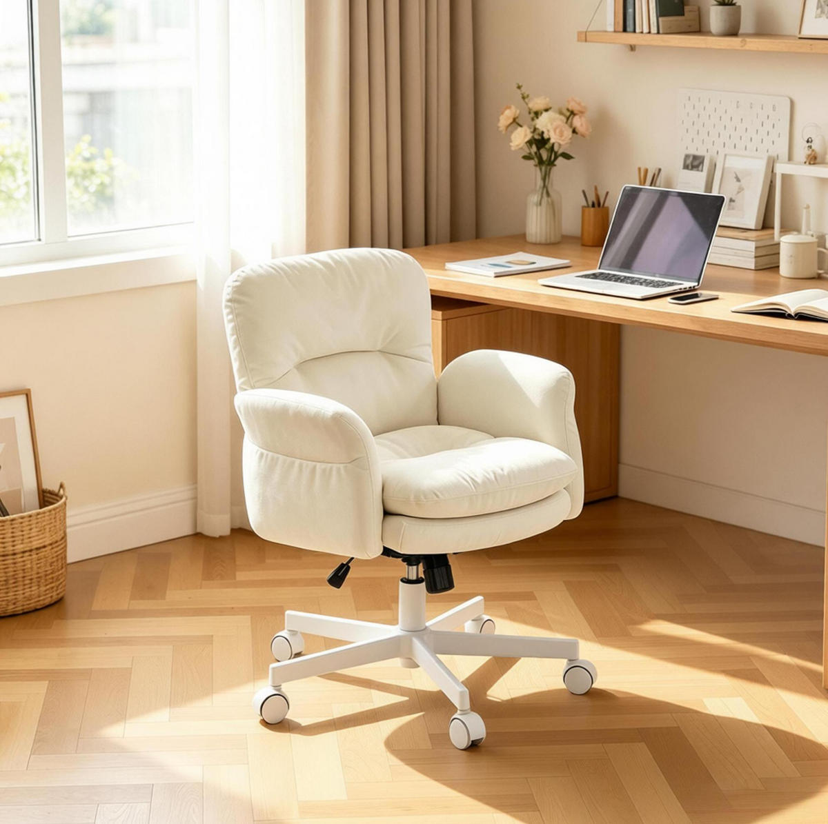 DREHSTUHL 71/68/84,5-92,5 cm beige aus Chenille mit 360°-Drehfunktion - Beige, Textil (68/92.5/71cm) - OKWISH