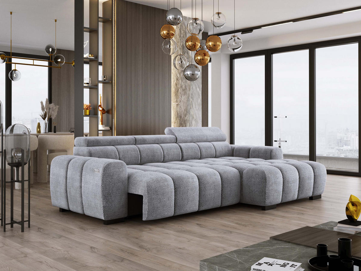 ECKSOFA OMBO 285x168x77/97 cm, Rechts, Schlaffunktion, elektr. Sitz, Kopfstützen, hydrophober EDEN-Stoff – Silber - Silberfarben, Holz/Textil (285/168cm) - DomoHome