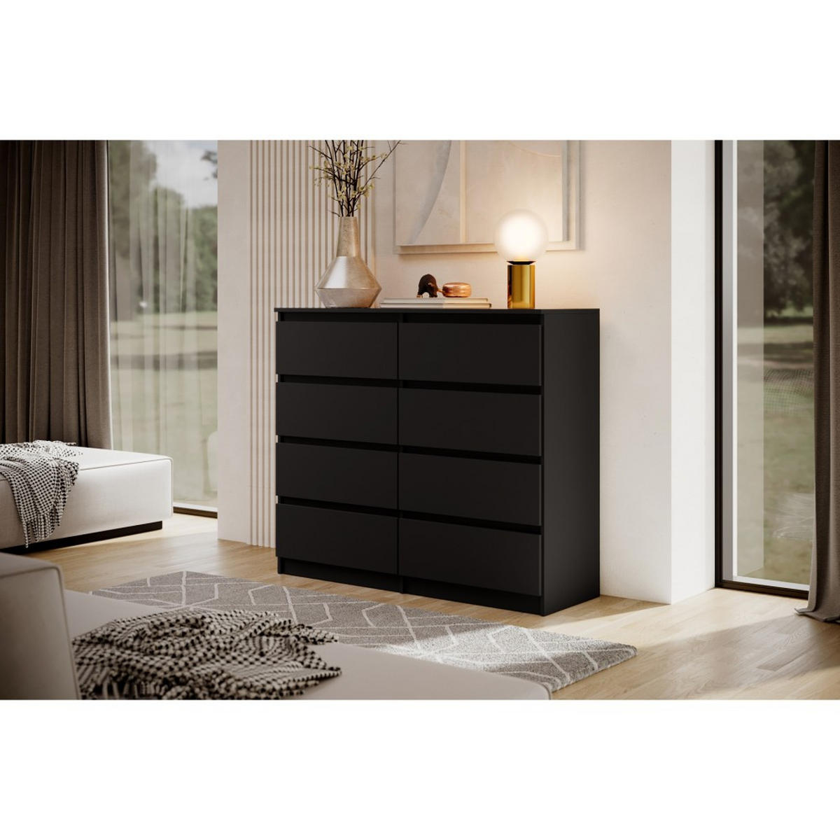 KOMMODE Lemon 120 cm mit acht Schubladen schwarz matt - Schwarz, Holzwerkstoff (120/101.5/39cm) - Beautysofa