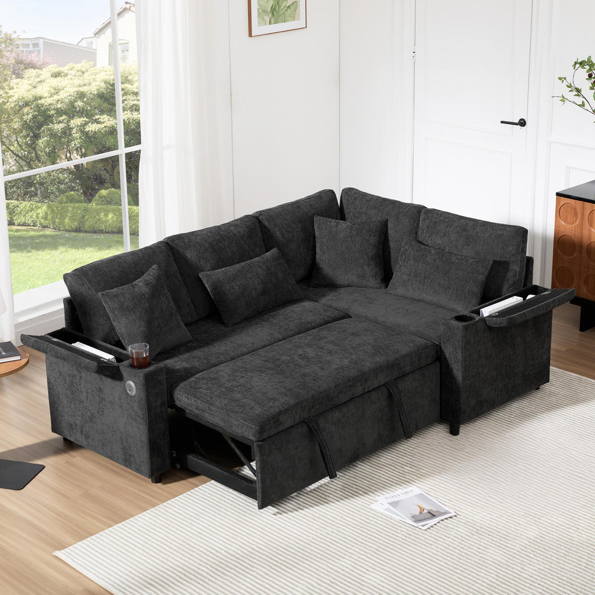 ECKSCHLAFSOFA 206.5/141/86 cm Dunkelgrau mit Stauraum, Getränkehalter, USB-Ladeanschluss und Armlehnenablage - Dunkelgrau, Textil (206.5/141cm) - Oxeza