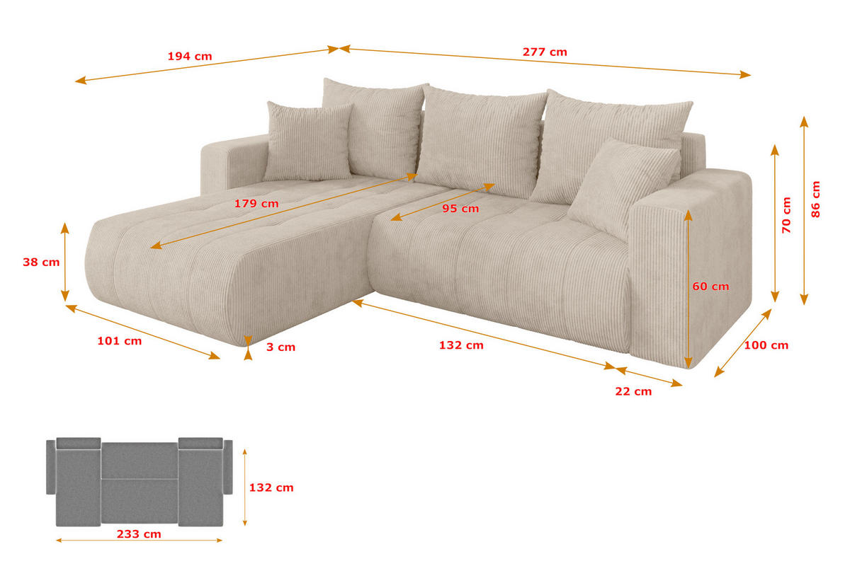 ROHOVÁ SEDAČKA s funkcí spaní, otoman vlevo MILA-L 277x194x86 béžová manšestr - černá/béžová, kompozitní dřevo/textil (277/194cm) - ALTDECOR