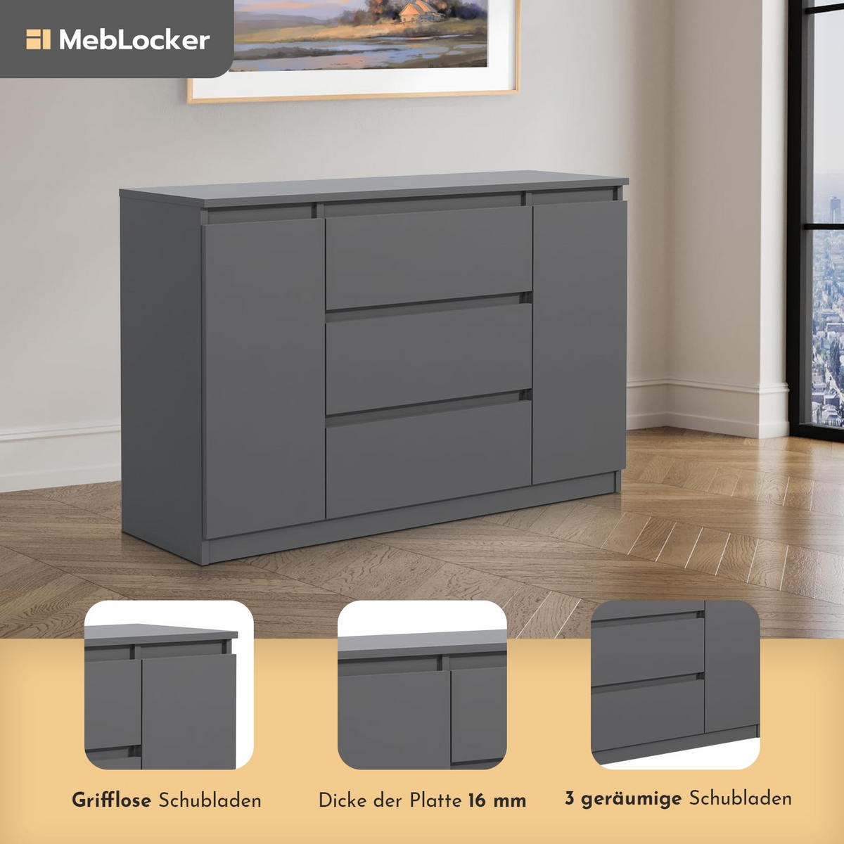 KOMMODE mit 3 Schubladen 2 Schranktüren 120 cm Anthrazit - Anthrazit, Holzwerkstoff (120.4/78.2/39cm) - MebLocker