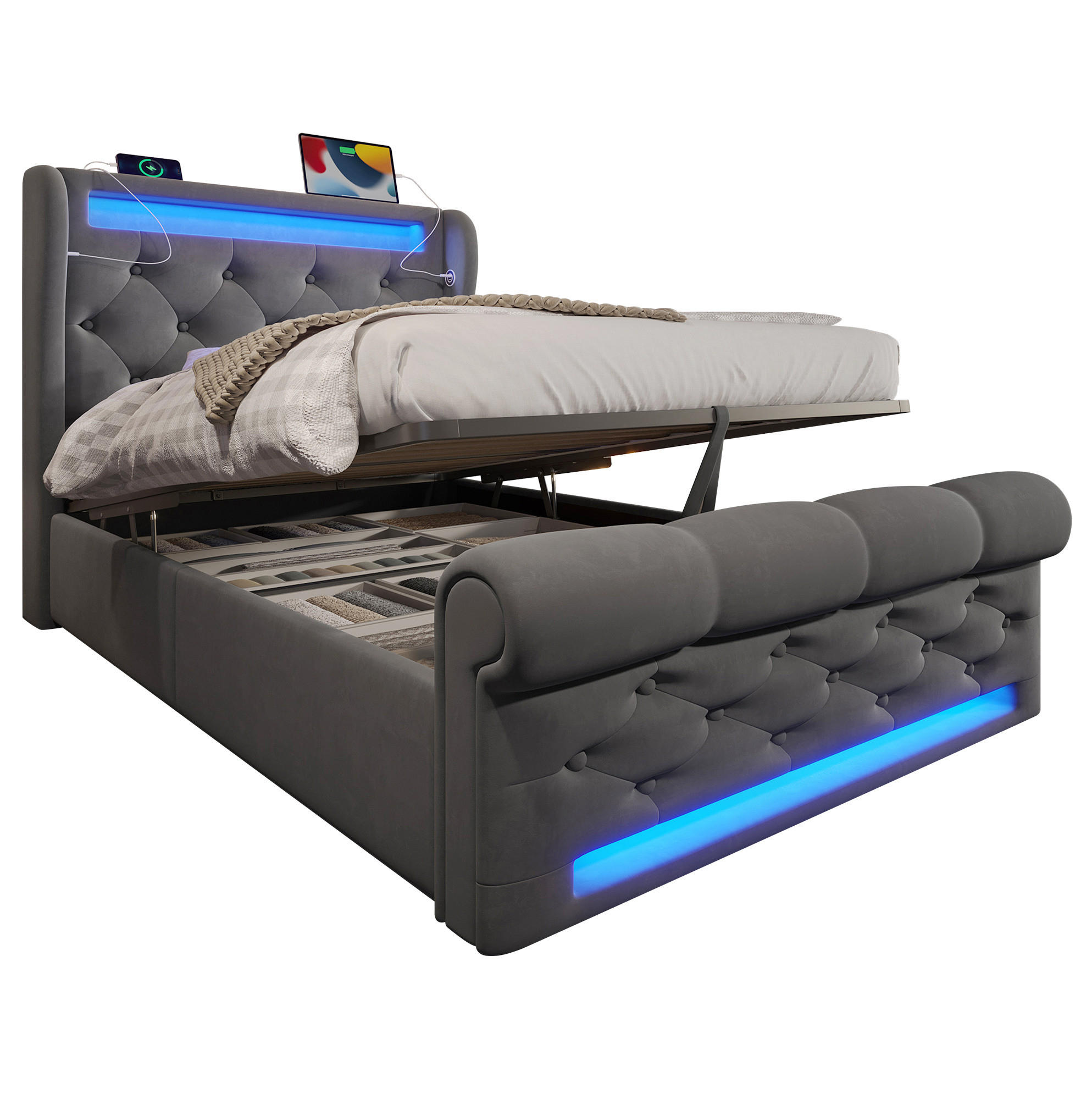 POLSTERBETT 90/200 cm mit LED-Beleuchtung, USB- und Type-C-Anschluss, hydraulischem Bettkasten, Samt, Grau - Grau, Textil (90/200cm) - Redom