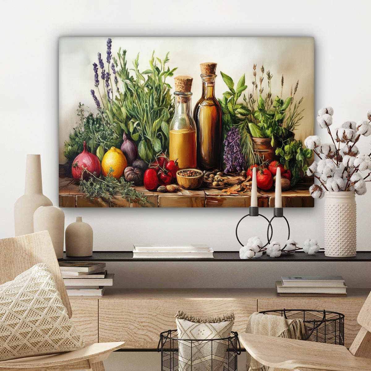 LEINWANDBILD Stilleben - Kräuter - Gewürze - Früchte - Farbenfroh Gemälde 60x40 cm - Grün, Textil (60/40cm) - MuchoWow