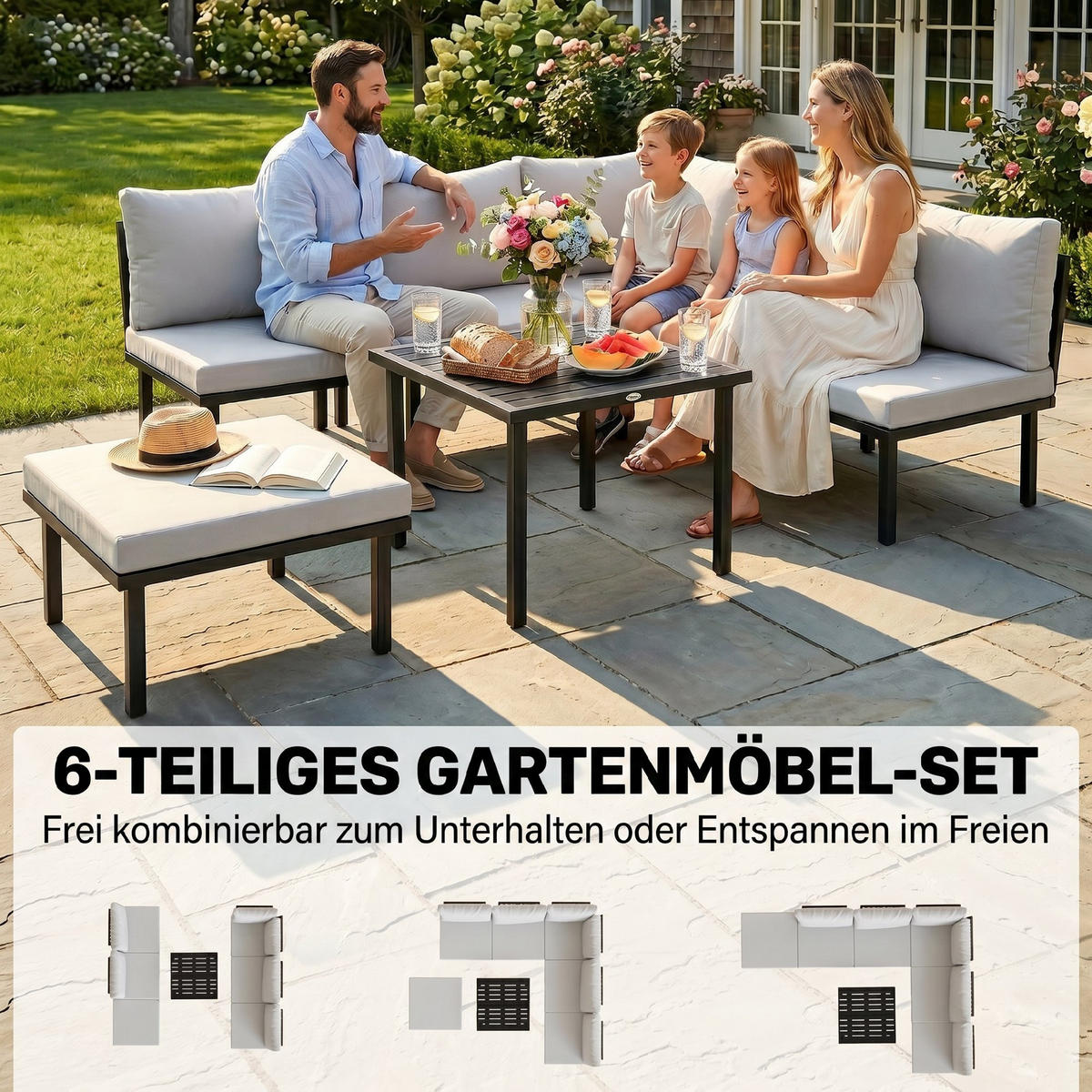GARTENSET 6-teilig Hellgrau 234.0/176.0/64.0 cm - Hellgrau, Metall