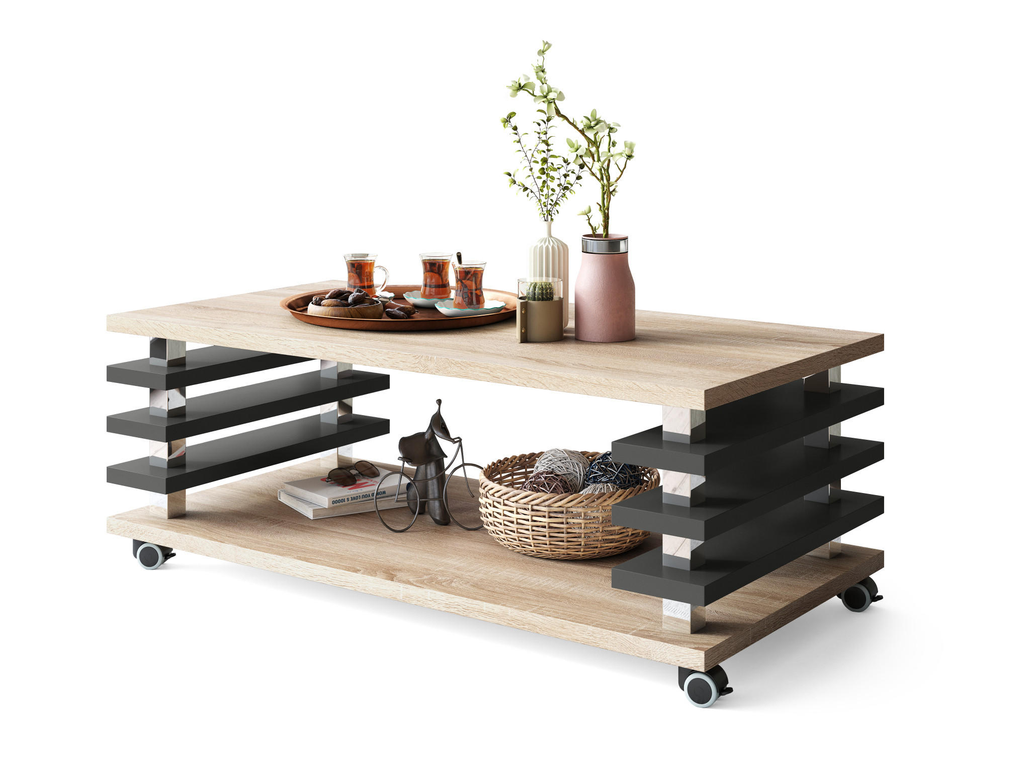 COUCHTISCH rechteckig Sonoma Eiche - Anthrazit matt Ablage Rollen - Anthrazit/Sonoma Eiche, Holzwerkstoff (60/120/45cm) - designimpex