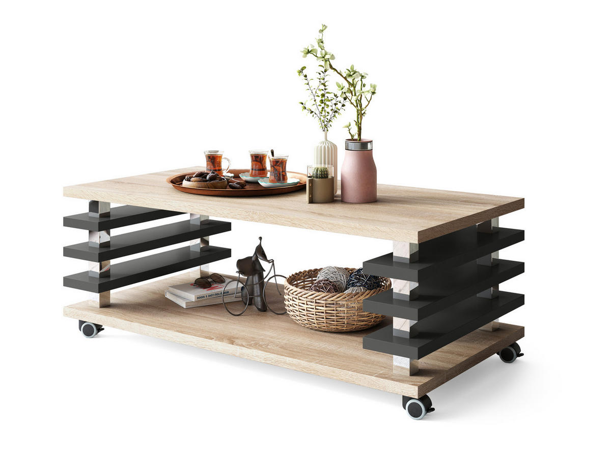 COUCHTISCH rechteckig Sonoma Eiche - Anthrazit matt Ablage Rollen - Anthrazit/Sonoma Eiche, Holzwerkstoff (60/120/45cm) - designimpex