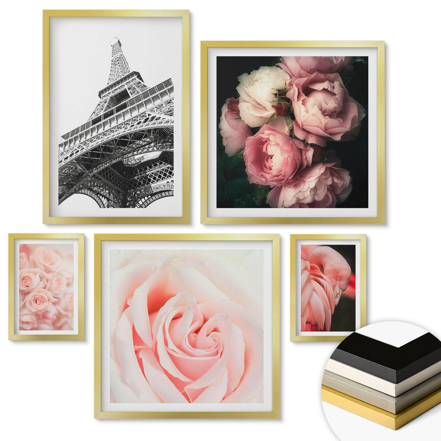 WANDBILDER 5er Set - 50x50 cm & 20x30 cm & 40x60 cm Goldrahmen - Berge, Wasser, wunderschöne Landschaften - Goldfarben, Kunststoff (40/60cm) - ArtPrintCave