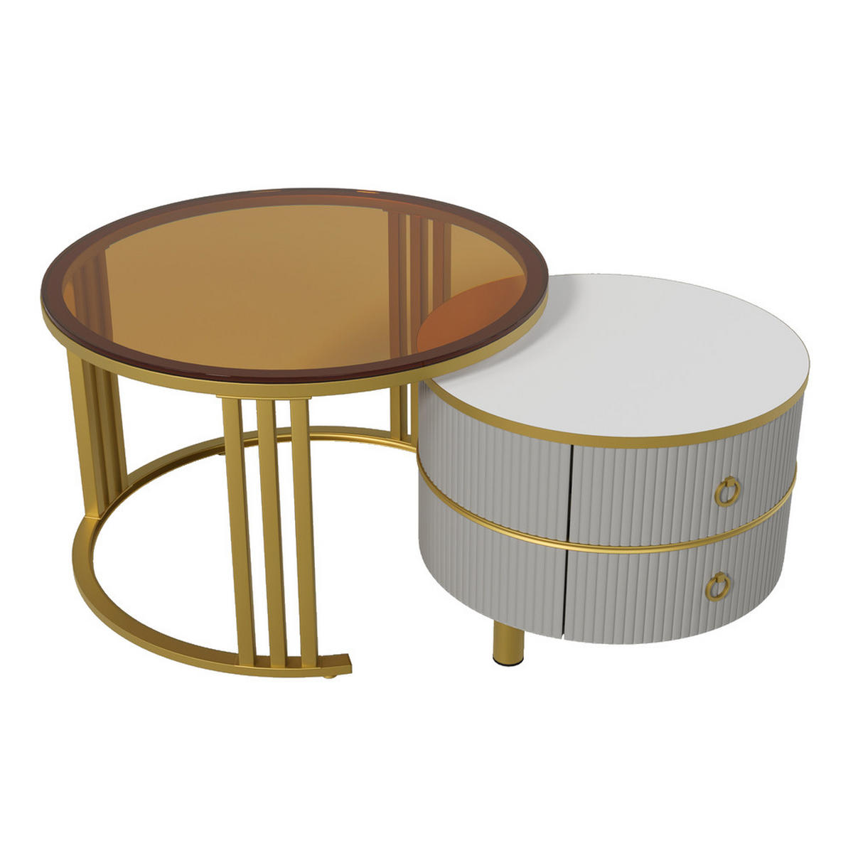 COUCHTISCH 2-in-1 Rund Hochglanz 2 Schubladen Grau Glasplatte - Grau, Holz (56/56/34.5cm) - FLIEKS