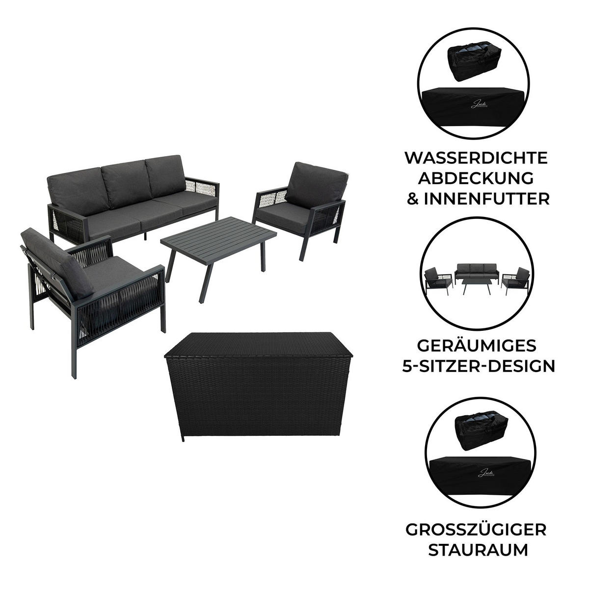 SOFAGARNITUR 4-teilige Aluminiummit schwarzer Rattan-Aufbewahrungsbox Anthrazitgrau - Anthrazit, Metall