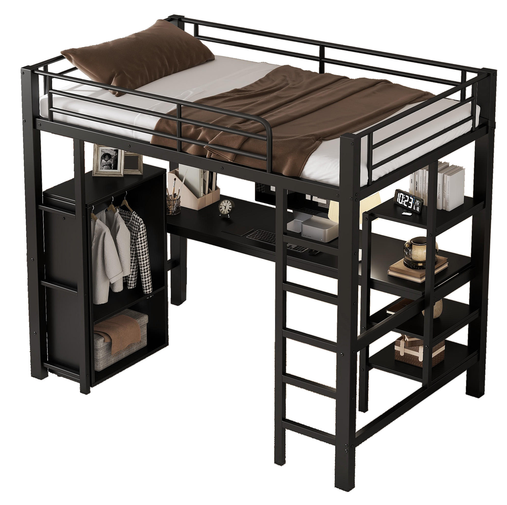 HOCHBETT 90/200 cm aus Metall mit Schreibtisch und Kleiderschrank in Schwarz - Schwarz, Metall (90/200cm) - Flora Grace