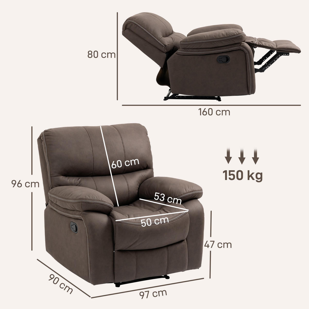 RELAXSESSEL, Fernsehsessel mit Liegefunktion, Fußteil für Wohnzimmer, Braun - Braun, Kunststoff (90/96/97cm) - HOMCOM