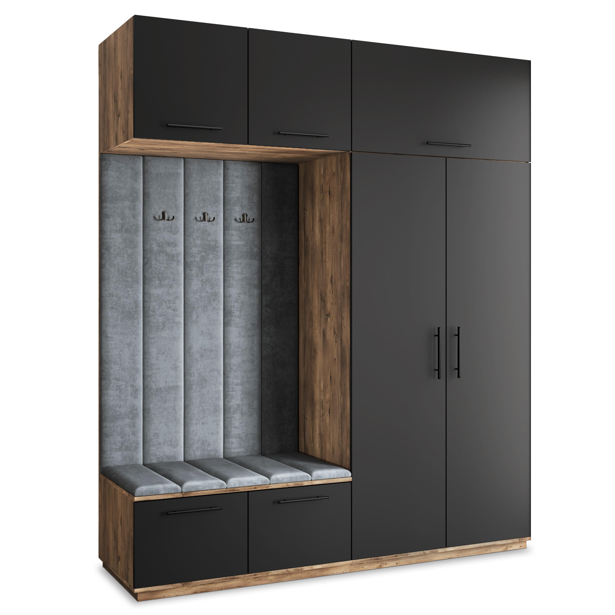 Masseno Garderobenschrank Eiche, Schwarz, Grau 200x240x60 cm