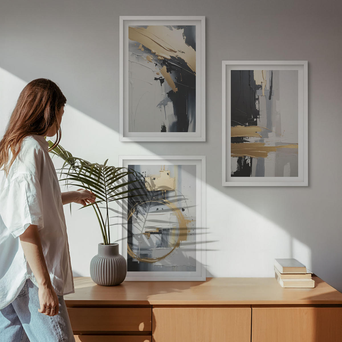 WANDBILDER 3er-Set - 40x60 cm Weißer Rahmen - Abstrakte Schwarz-Weiß-Malerei - Weiß, Kunststoff (40/60cm) - ArtPrintCave