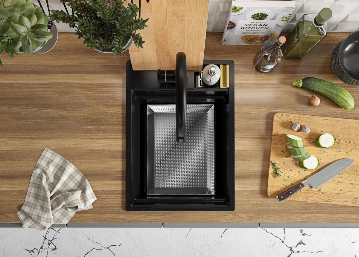 GRANITSPÜLE Oslo Pocket, 2-er set Schwarz 38/53 cm 1 Becken + Küchenarmatur 40/38 cm + Ablauf-Set + Küchenzubehörset ab 40er Unterschrank - Chromfarben/Beige, Kunststoff (38/20/53cm) - Primagran