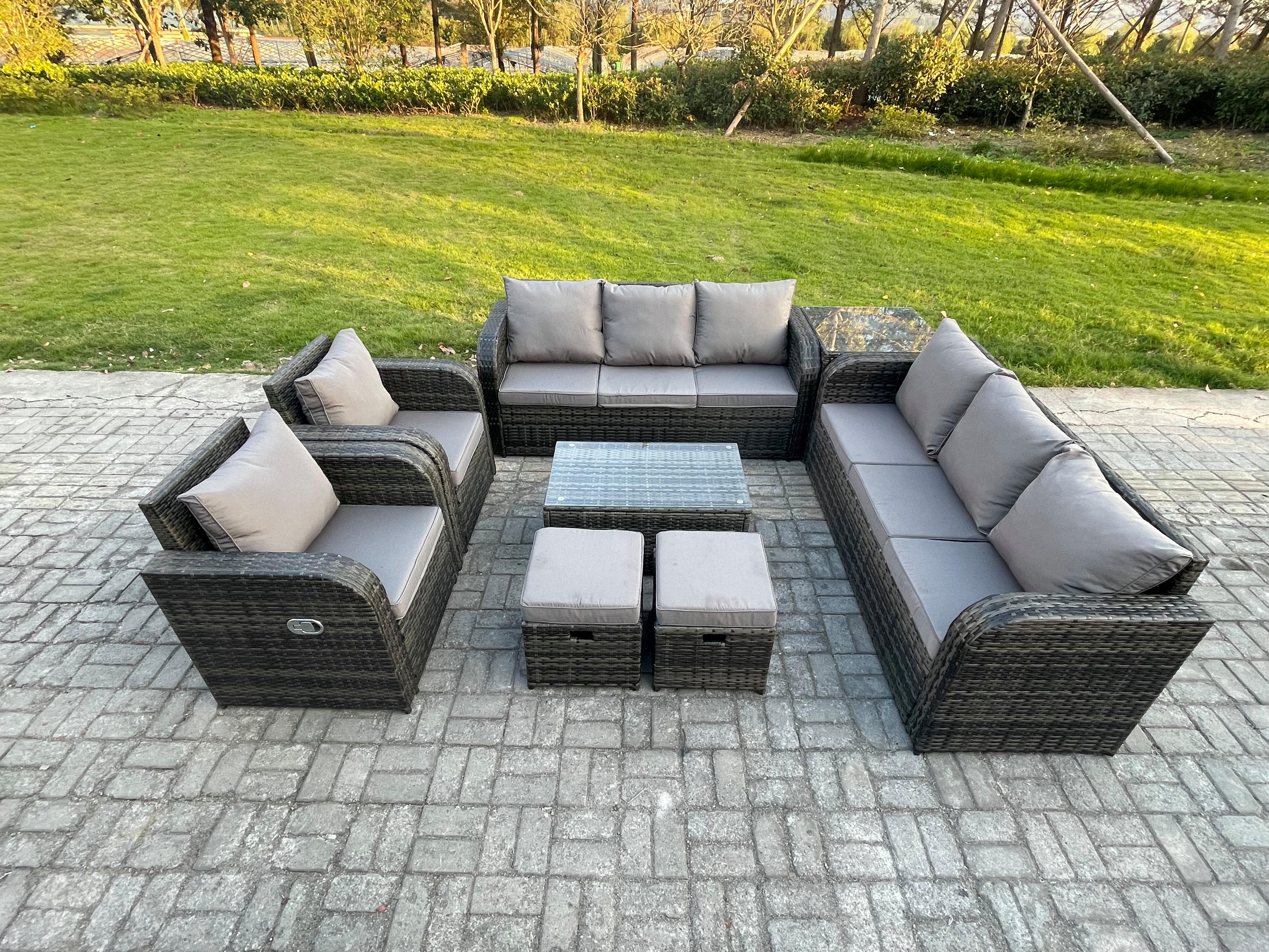 GARTENMÖBEL-SET mit Kissen Polyrattan Dunkelgrau 10-Sitzer - Dunkelgrau/Grau, Glas/Kunststoff - Fimous