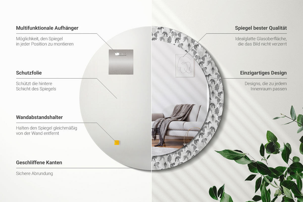SPIEGEL Rund Ø 70 cm mit Aufdruck - Schwarz, Glas (70/70/0.4cm) - Wallfluent