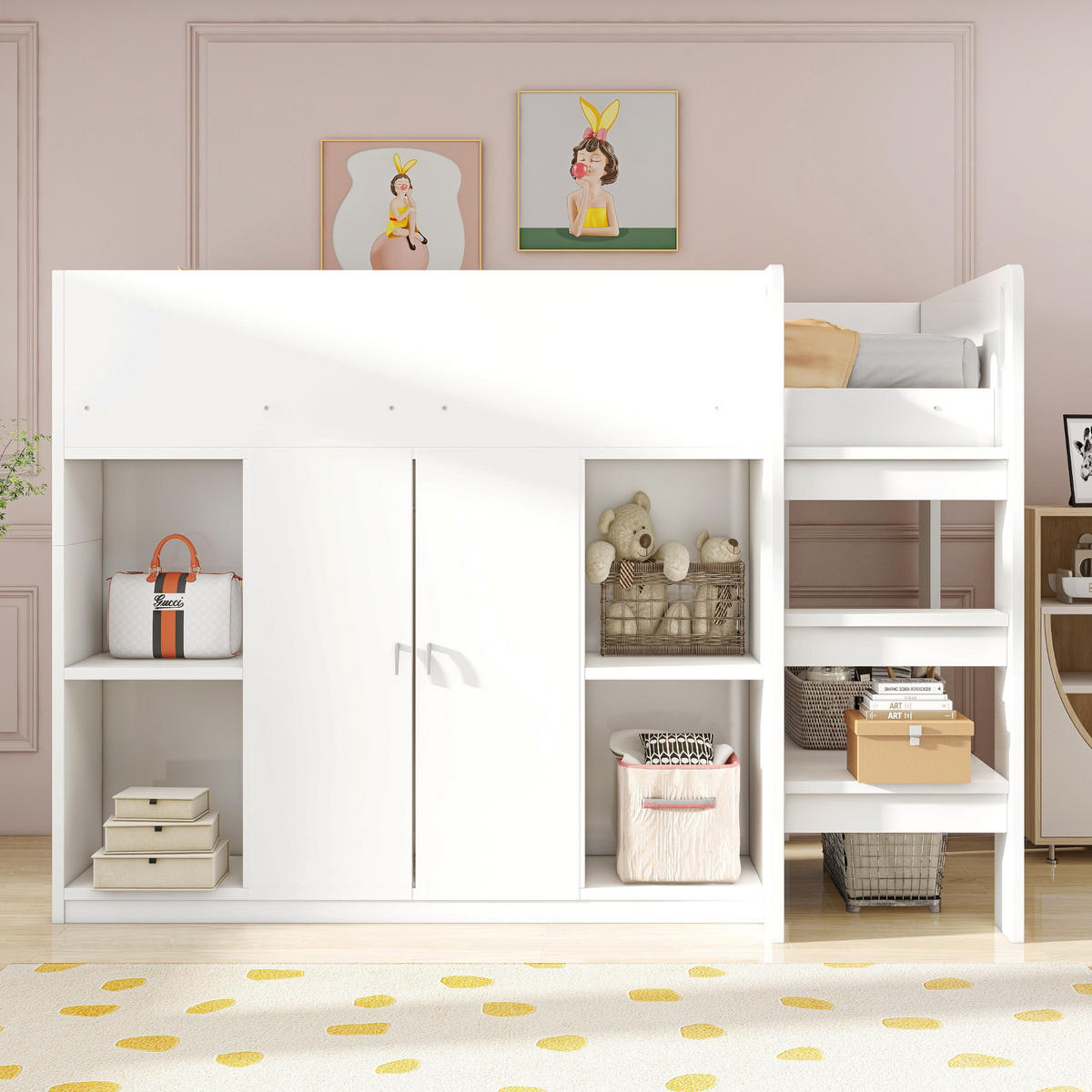 HOCHBETT 90/200 cm mit Stauraum Schrank und Regalen Weiß - Weiß, Holz (90/200cm) - OKWISH