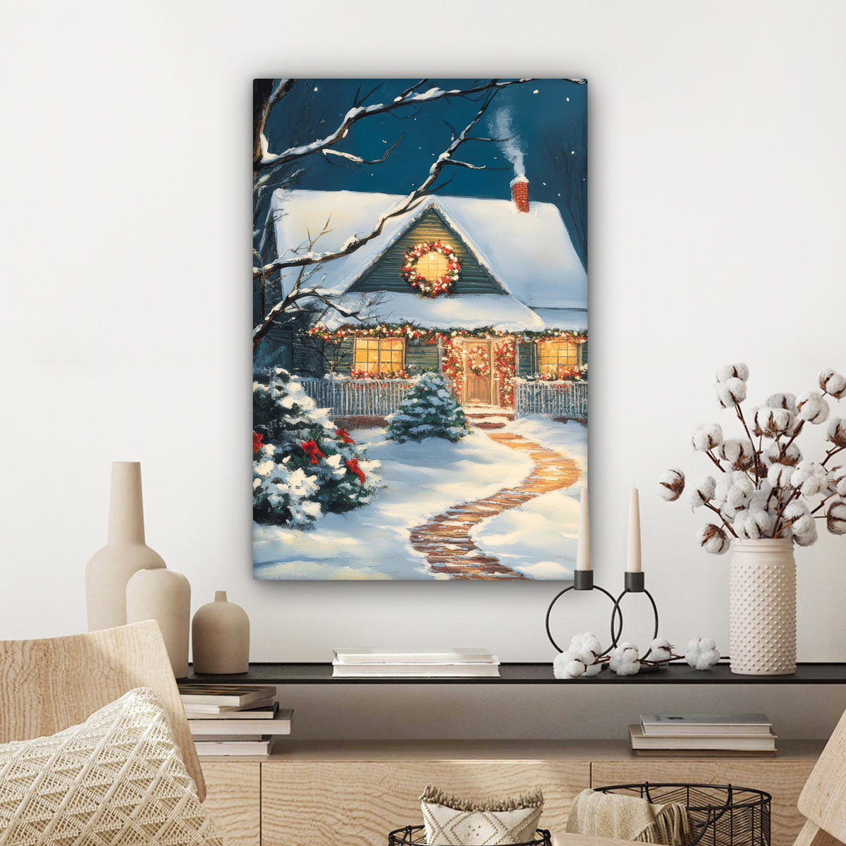 LEINWANDBILD Weihnachten - Weihnachtsbaum - Winter - Zuhause - Schnee Wanddeko Schlafzimmer 60x90 cm - Smaragdgrün, Textil (60/90cm) - MuchoWow