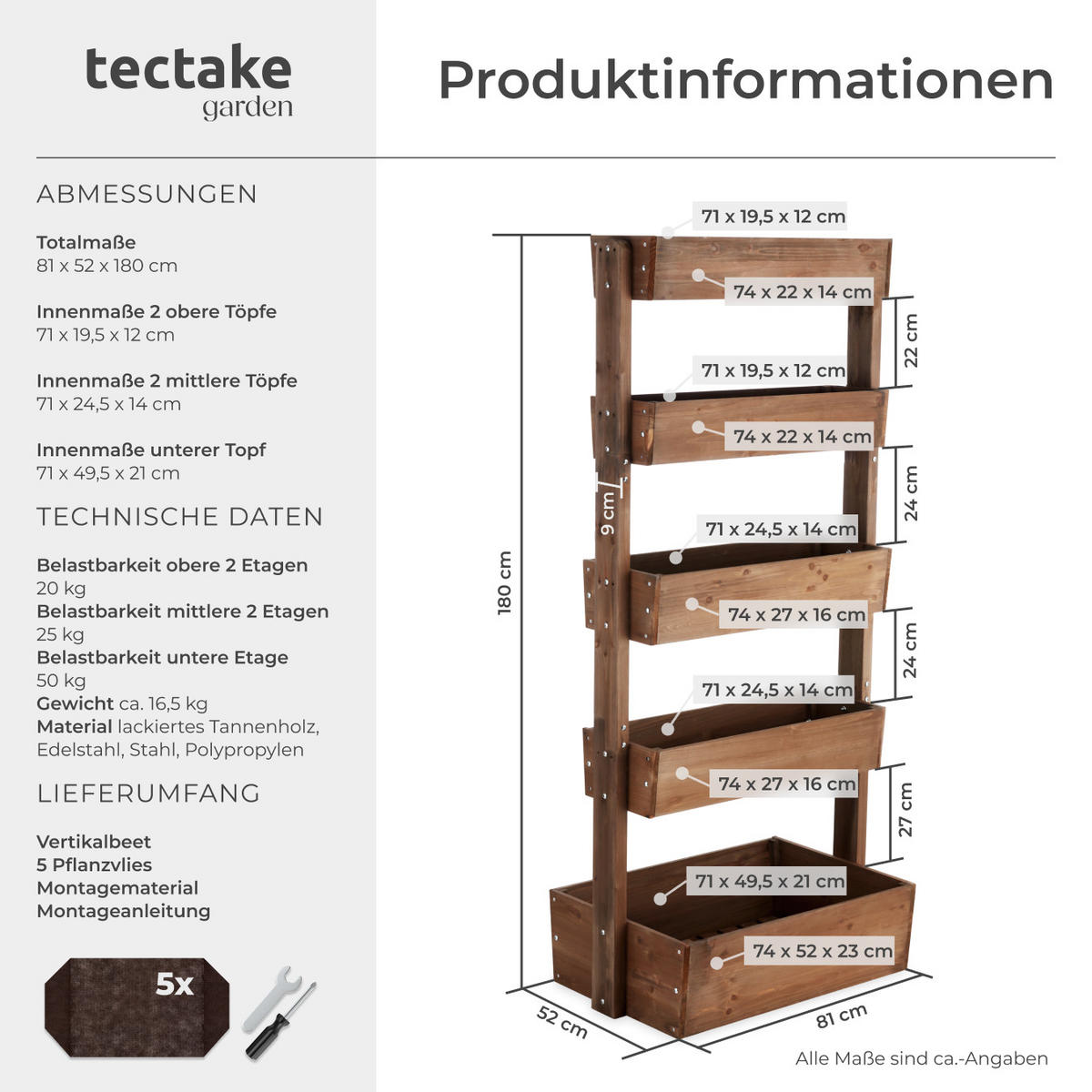 VERTIKALBEET Flora,inklusive Pflanzvlies, 81 x 52 x 180 cm,braun - Braun, Holz (81/180/52cm) - tectake