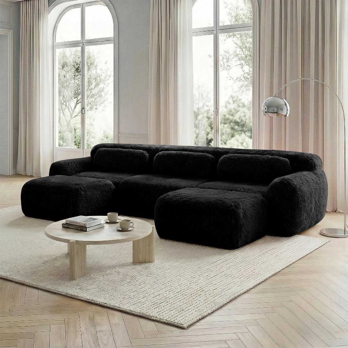 3-SITZER Sofa 291x179x73 cm aus Plüschstoff rahmenlos modular mit 2 Ottomans, schwarz - Schwarz, Textil (179/73/291cm)