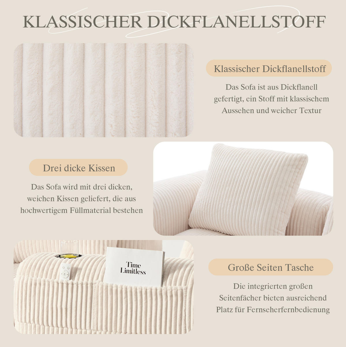 ECKSOFA 253/158/61 cm beige aus Cord mit Becherhaltern - Beige, Textil (158/253cm) - OKWISH