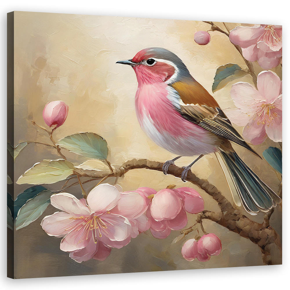 WANDBILD vogel blumen vintage - Pink, Textil (30/30cm) - Feeby