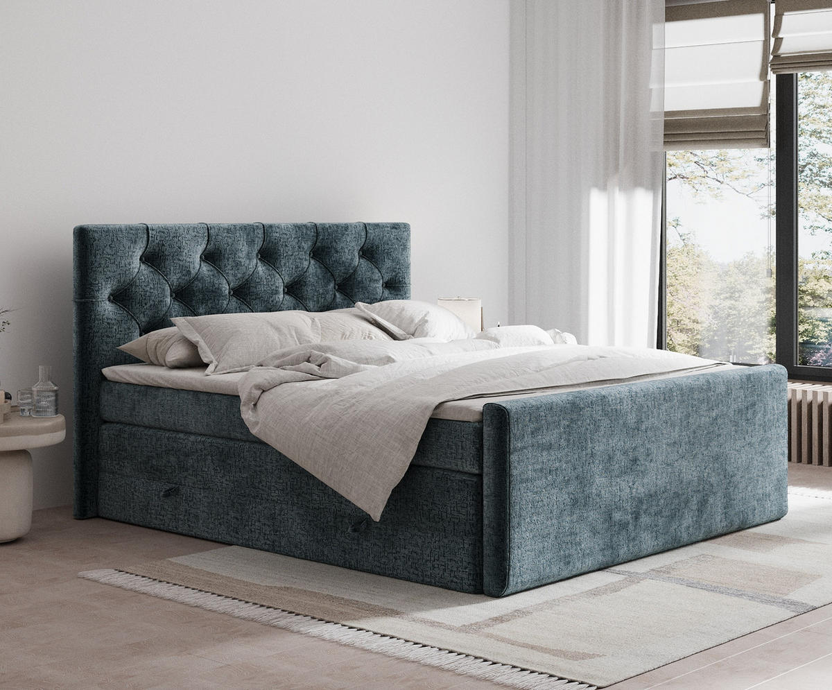 BOXSPRINGBETT Hugo Blau 160/200 cm - Blau/Schwarz, Holz/Holzwerkstoff (160/200cm) - Maison de Reve