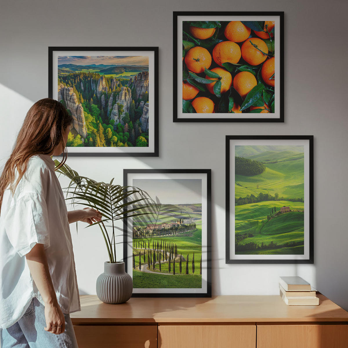 BILDER SET 4er Set - 50x50 cm & 40x60 cm Schwarzer Rahmen - Italienische Landschaft Orangen Natur - Schwarz, Kunststoff (50/50cm) - TULUP