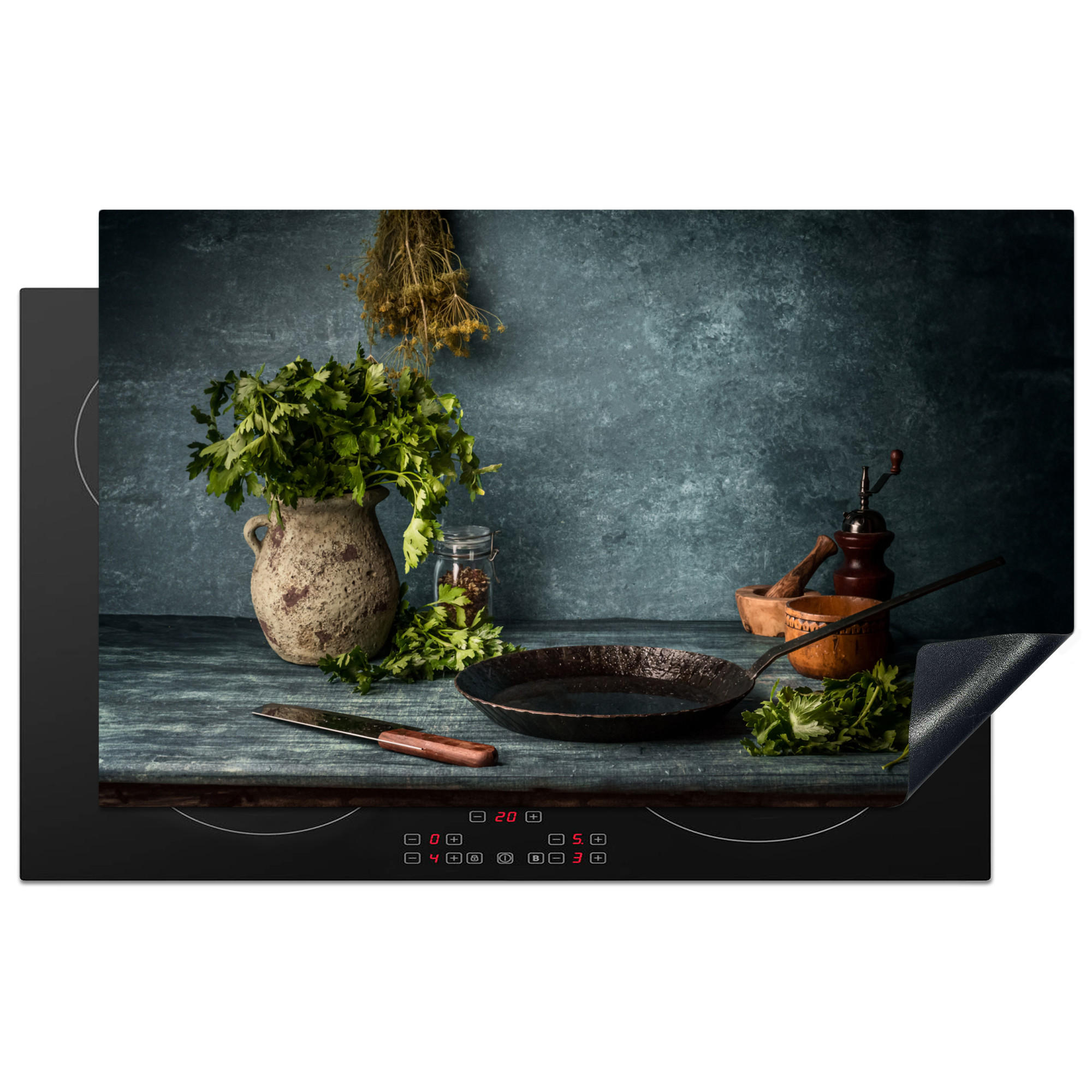 MuchoWow KRYT NA INDUKČNÍ DESKU Bylinky - Koření - Pánev - Nůž - Šedý - Rustikální 83x51 cm