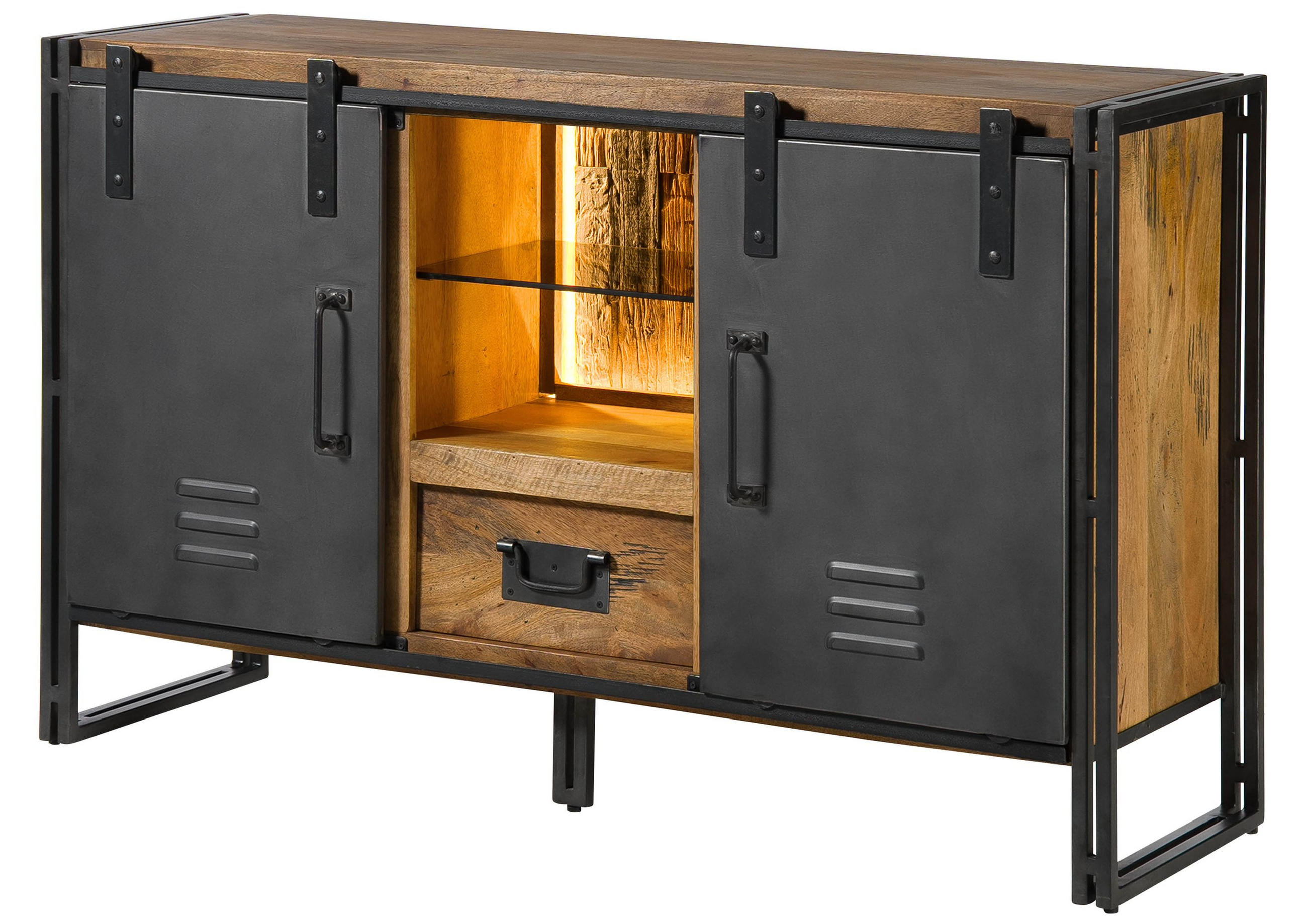 SIDEBOARD Mango / Altholz 150x45x90 natur / grau lackiert / Metall grau BLACKBURN LUX #411 - Braun, Holz (150/90/45cm) - Massivmoebel24