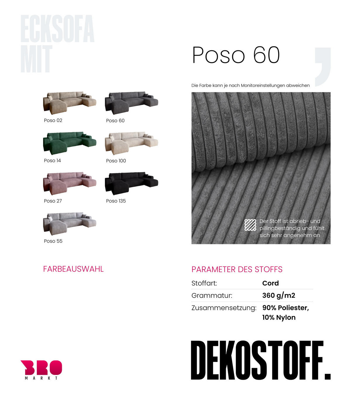 WOHNLANDSCHAFT PUMI mit Schlaffunktion Grau Cord - Grau, Textil (312/82/148cm) - Bromarkt